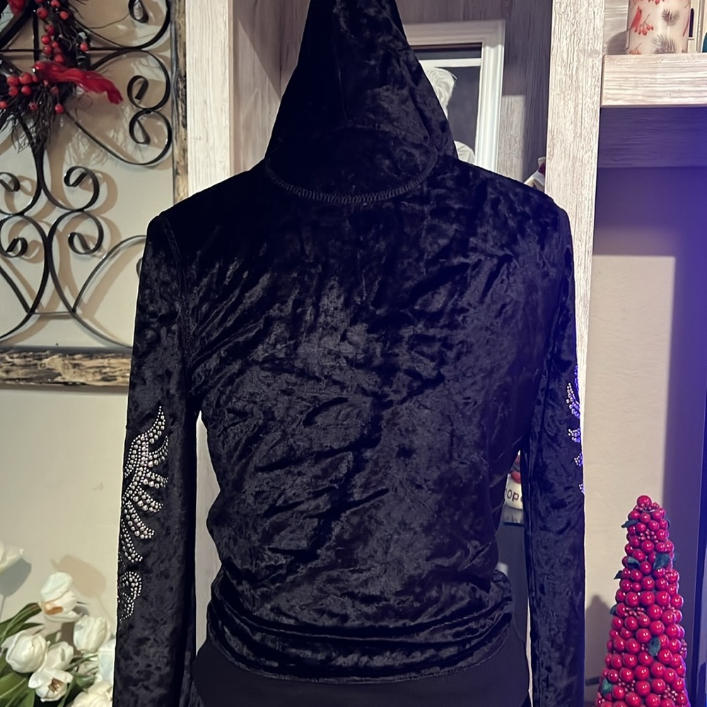 BCBGMaxAzria  Y2K 90s black rhinestone silver embellished Velour Track Suit M - Picture 9 of 16